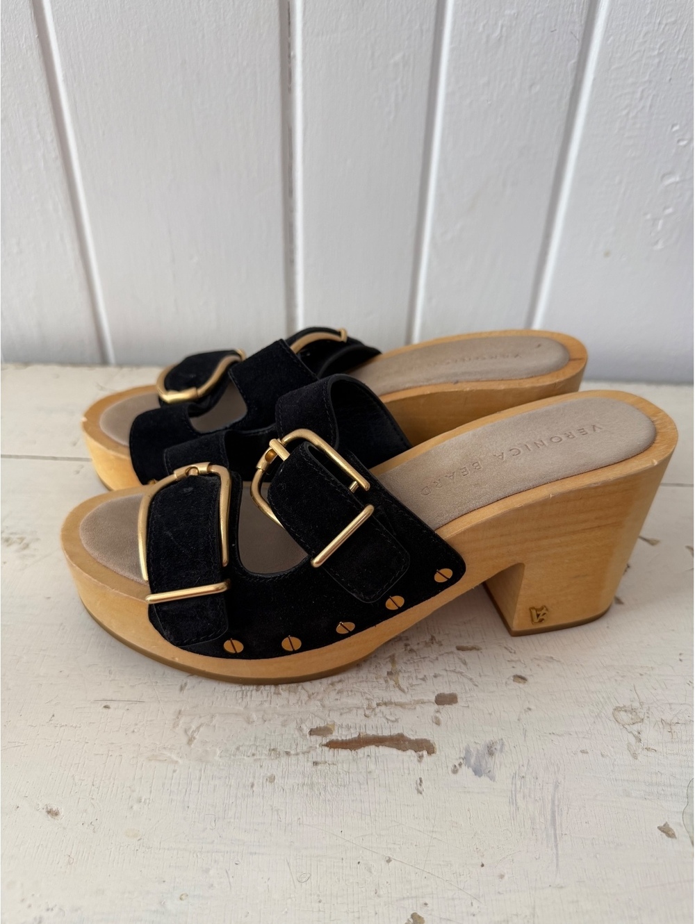 Veronica Beard Black Suede Buckle Clog Sandals with Wooden Block Heel size 7